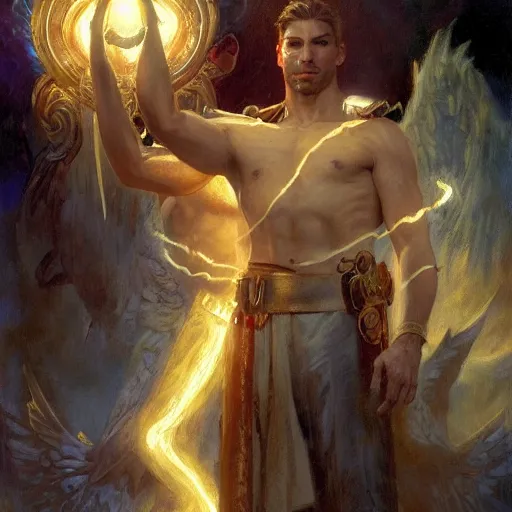 Prompt: attractive male deity casts light spell, summons attractive male lucifer morningstar. highly detailed painting by gaston bussiere, craig mullins, j. c. leyendecker 8 k