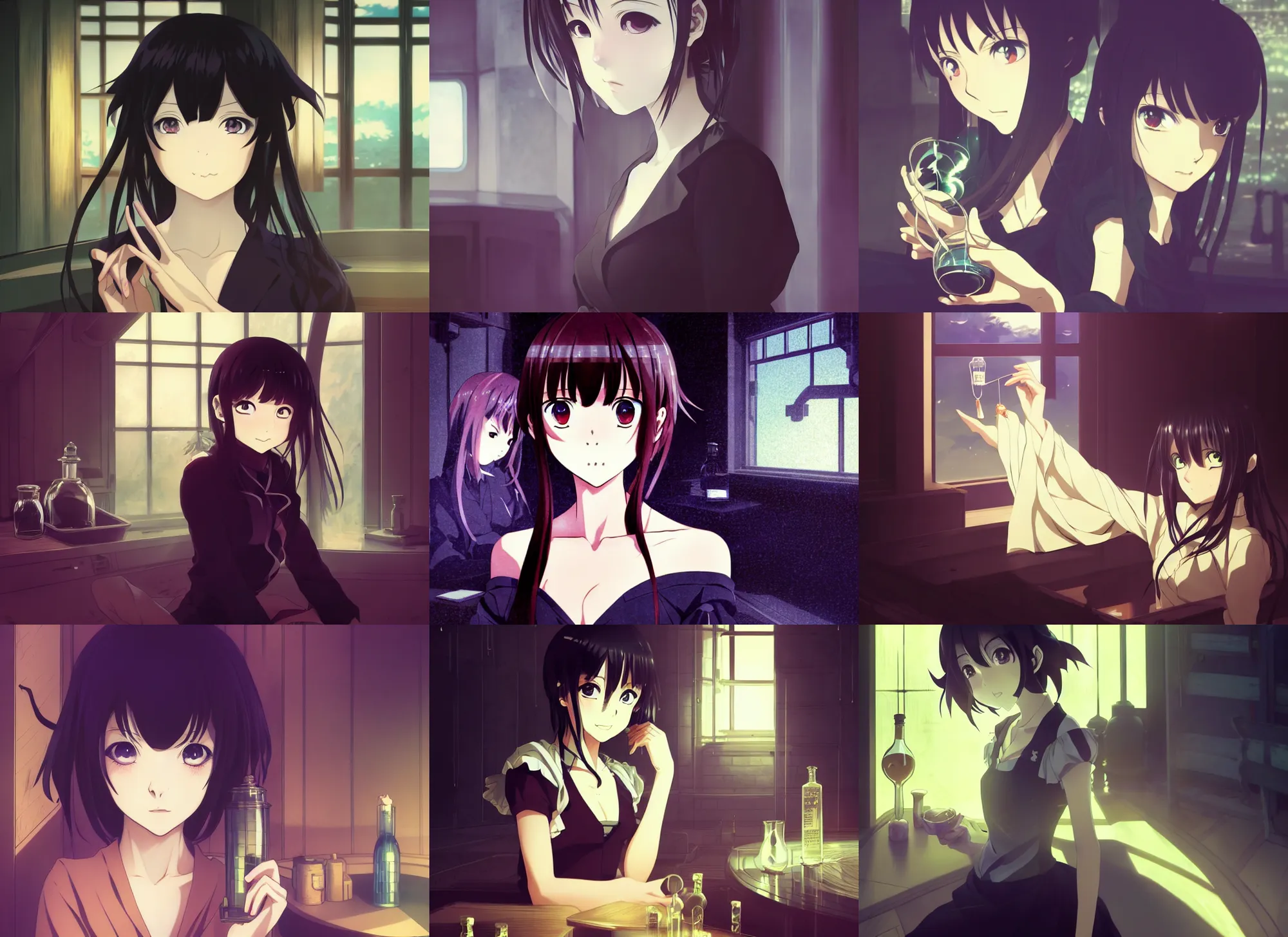 Prompt: anime visual, dark portrait of a young woman in a alchemist's potion ship interior, low light, cute face by ilya kuvshinov, yoh yoshinari, makoto shinkai, katsura masakazu, dynamic pose, dynamic perspective, cel shaded, flat shading mucha, rounded eyes, realistic proportions, dramatic, detailed facial features, glowing bottles