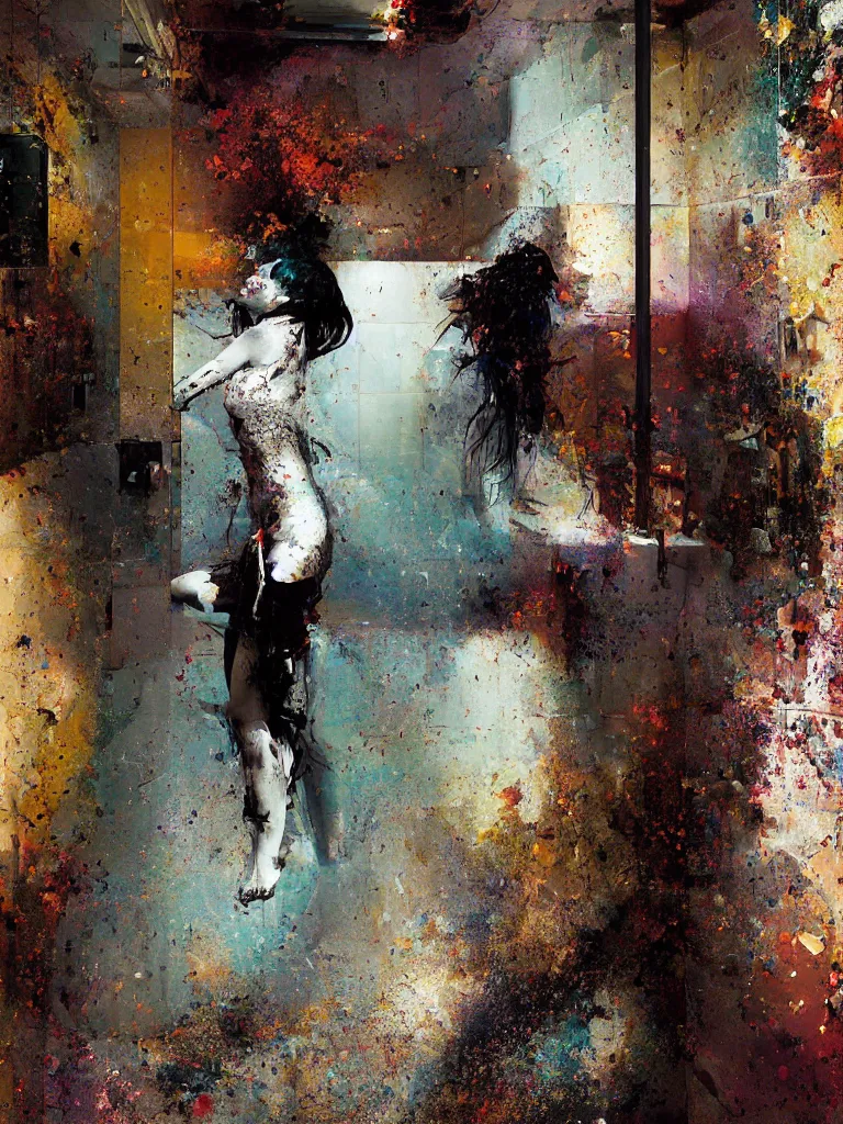 Image similar to a beautiful painting by robert proch and christian hook of a woman taking a shower in a glitched bathroom, metal rust and plaster materials, pixel sorting, color bleeding, brushstrokes by jeremy mann