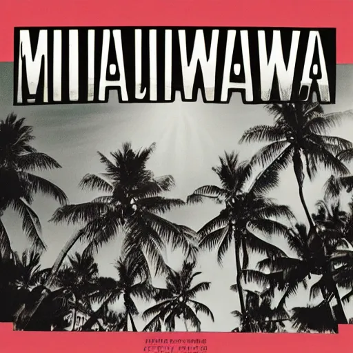 Image similar to miracle musical Hawaii part ii album cover, showing an ocean in the background, spiral transparent stairs on the left with tall palm trees behind it, a slight rainbow in the background, white outline border, moon in the right top area black and white except for the rainbow album cover rainbow text in the center reading Hawaii part ii, 80s Japanese