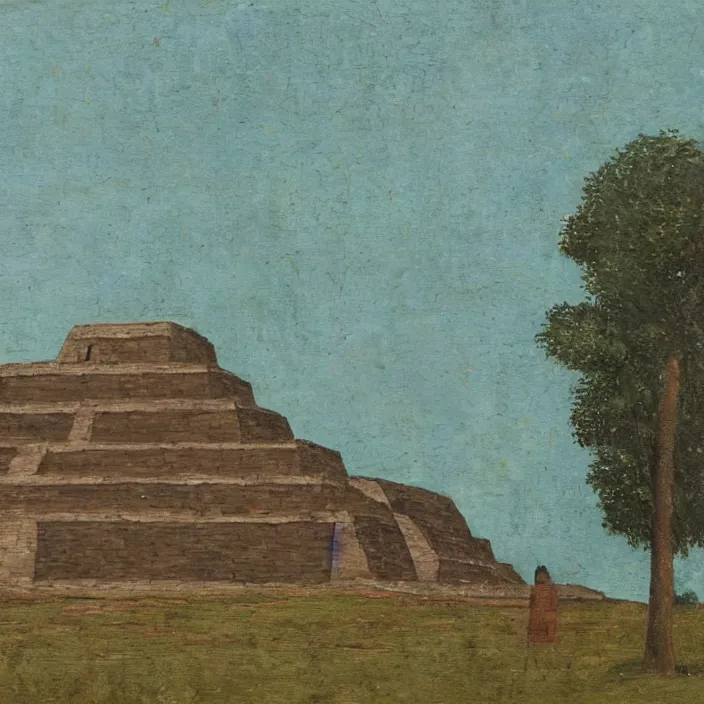 Image similar to a building in a serene landscape, ancient mesoamerican painting