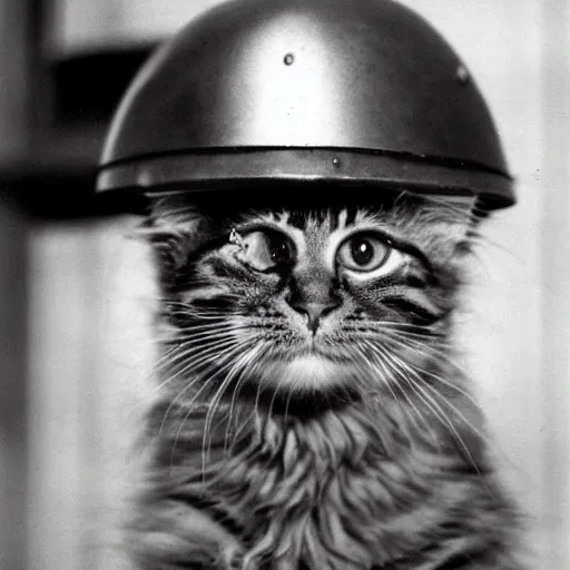 Image similar to close up of a maine coon kitten wearing soldier helmet in the battle, ww 2 historical photography, black & white