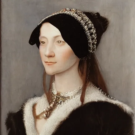 Image similar to skudy of a pretty young woman. exceptional lighting highlights her faces features by hans holbein the younger.
