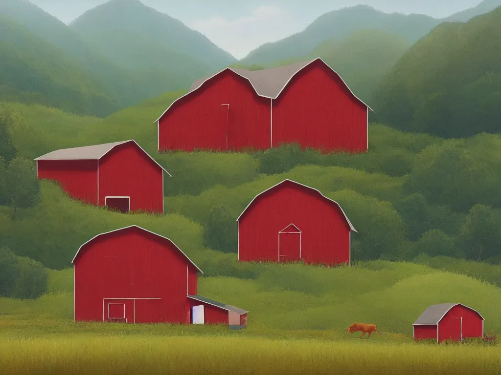 Image similar to An isolated red barn in a lush valley at noon. Simon Stalenhag, highly detailed.