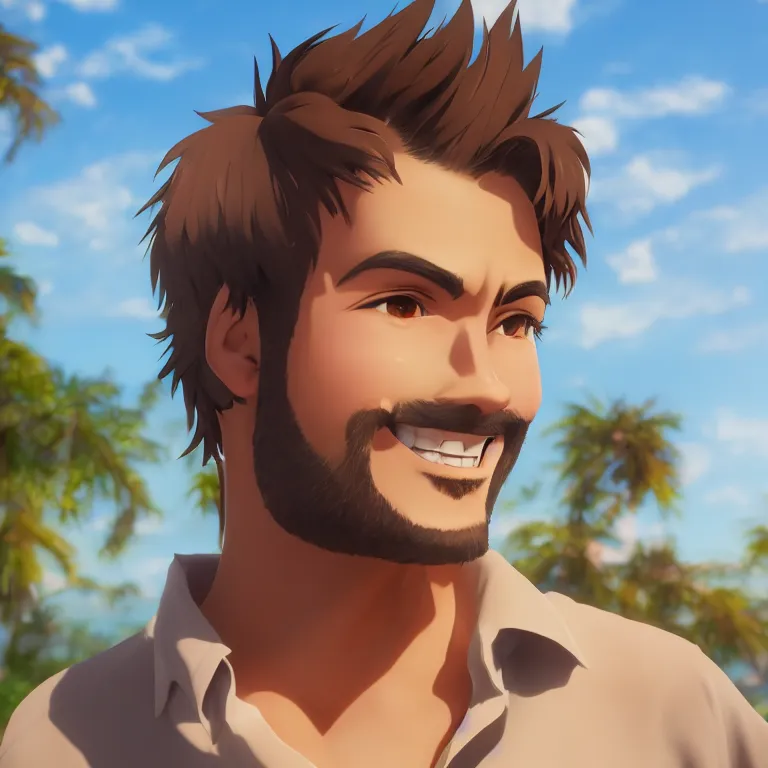 Image similar to Render of a very handsome 3d anime-style man, short hair, brown eyes, round face, cute smile, 5 o-clock shadow, open shirt, hairy chest, golden hour, serene beach setting, medium shot, mid-shot, highly detailed, trending on Artstation, Unreal Engine 4k