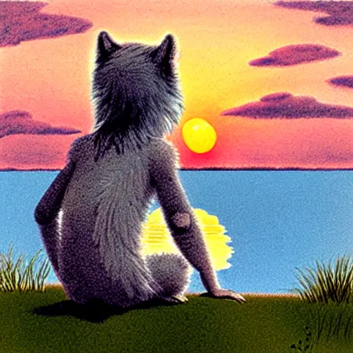 Prompt: view from behind of fluffy baby grey wolf sitting on the shore of a pond, looking out at a sunset, award winning illustration by maurice sendak and don freeman