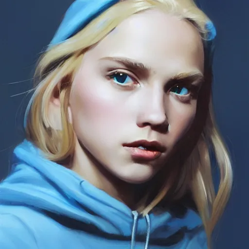 Image similar to greg manchess portrait sticker of a beautiful teen girl with blonde hair, wearing a blue hoodie, medium shot, asymmetrical, swedish, sticker, profile picture, organic painting, matte painting, bold shapes, hard edges, street art, trending on artstation, by huang guangjian and gil elvgren and sachin teng