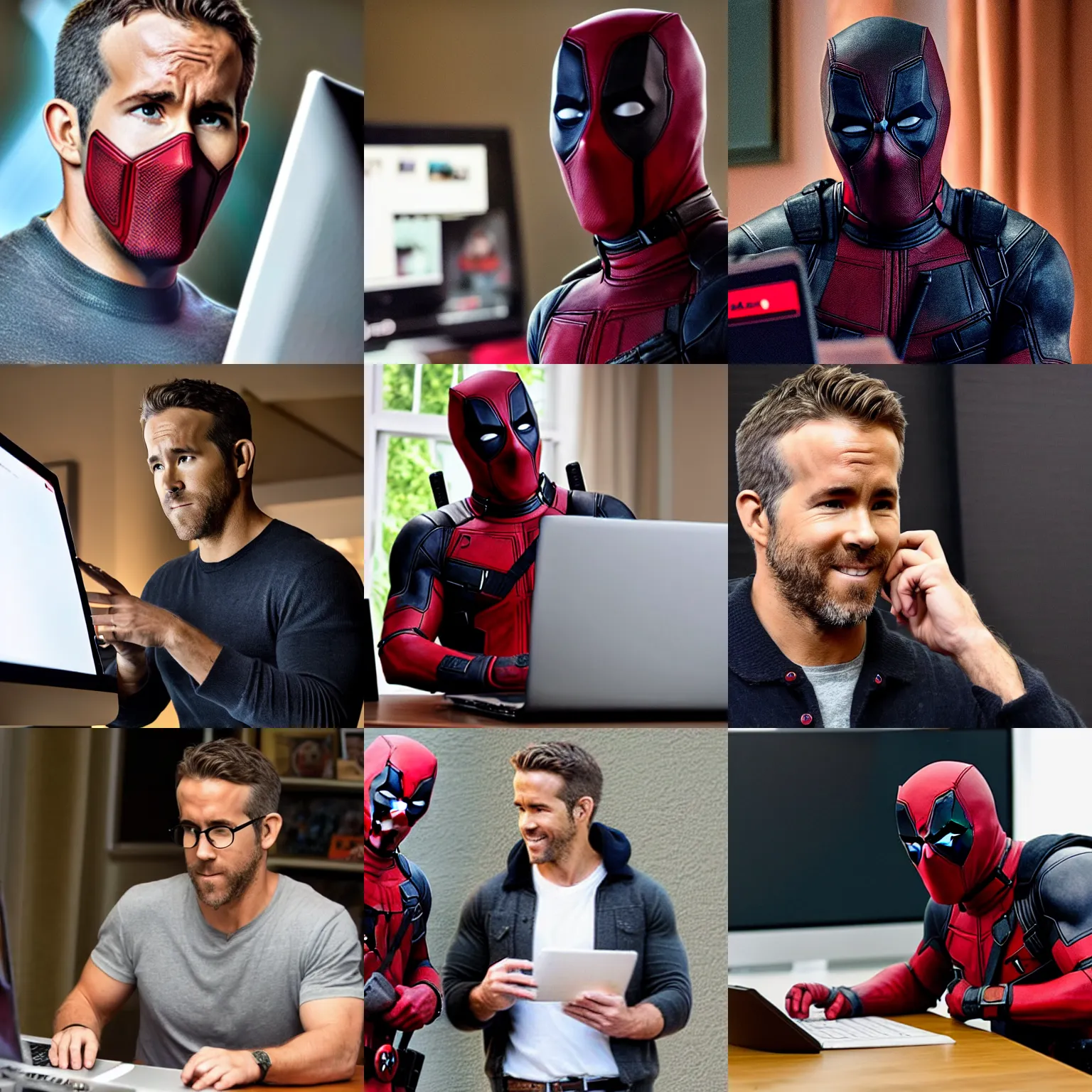 Prompt: ryan reynolds as deadpool browsing discord on his computer, photograph