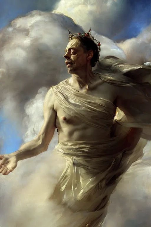 Image similar to beautiful detailed expressive impressionistic oil painting portrait of ancient roman god emperor steve buscemi ascending into the clouds wearing the civic crown, renaissance painting, art by anders zorn, wonderful masterpiece by greg rutkowski, expressive brush strokes, beautiful cinematic light, american romanticism by greg manchess, jessica rossier