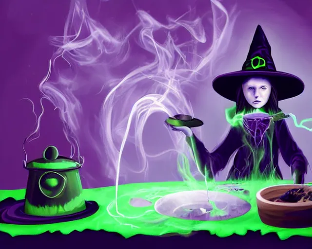 Image similar to close up portrait, spooky teen witch mixing a spell in a cauldron, a cat is on the table, wispy green and purple smoke fills the air, a witch hat, cinematic, green glowing smoke is coming out of the cauldron, strange ingredients on the table, strange apothecary shelves in the background, scary stories to tell in the dark