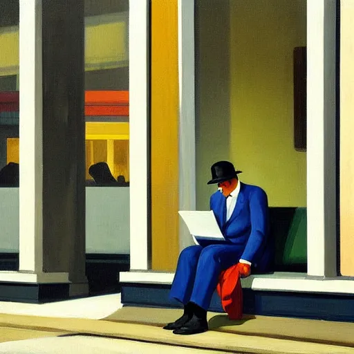 Image similar to painting of a businessman sitting in the street like a homeless person. by edward hopper and james gilleard
