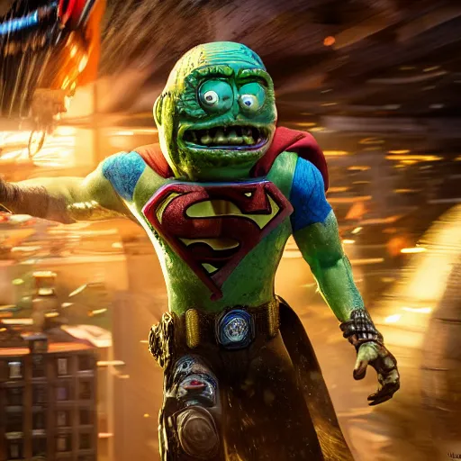 Prompt: pickle rick is flying as superman flying in ( gears of war ), splash art, movie still, detailed face, photorealistic facial features, cinematic lighting, dramatic, octane render, long lens, shallow depth of field, bokeh, anamorphic lens flare, 8 k, hyper detailed, 3 5 mm film grain