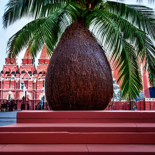 Image similar to symmetrical photo of giant coconut sculpture on red square, super wide shot, bokeh