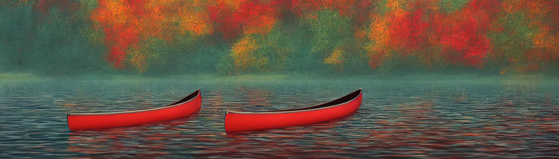 Image similar to canoe on a scenic northern Algonquin lake, vivid colors, high details, cinematic, 8k resolution, beautiful detailed, photorealistic, digital painting, artstation, concept art, smooth, sharp focus, illustration, fantasy background, artstation trending, octane render, unreal engine