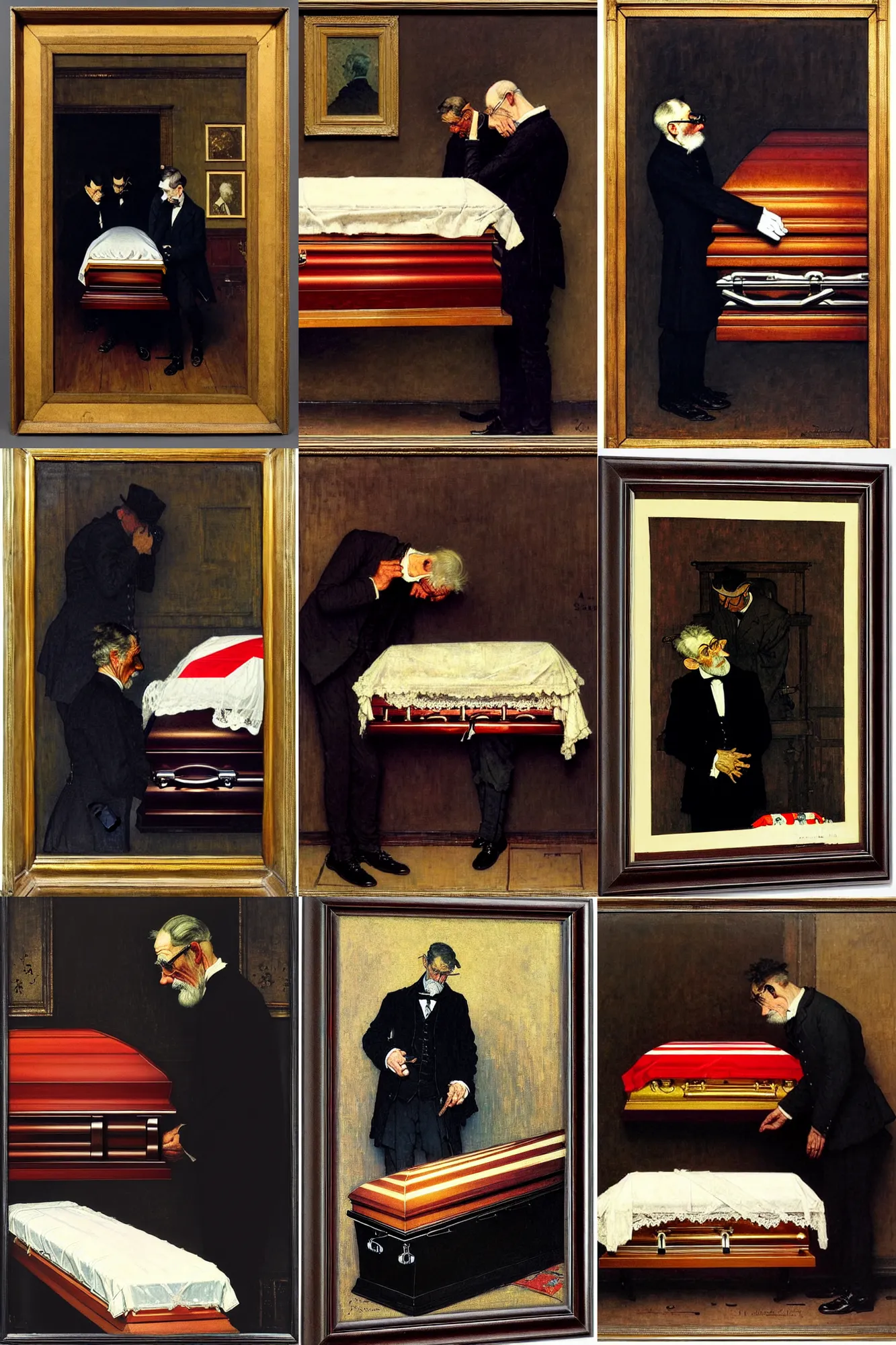Prompt: a sad man mourning over a casket by sydney prior hall and alfred stevens and norman rockwell, casket, highly detailed, deep shadows