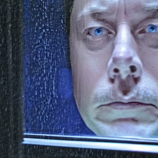 Image similar to dark photo of dark blue rainy bedroom window at night, dimly lit creepy ( ( ( ( ( contorted distorted ) ) ) ) ) face of elon musk staring in through the window, horror, scary face, demonic face,