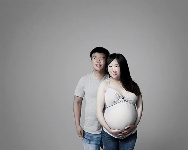 Image similar to “ maternity photo of a pregnant asian gay couple, skinny, handsome ”