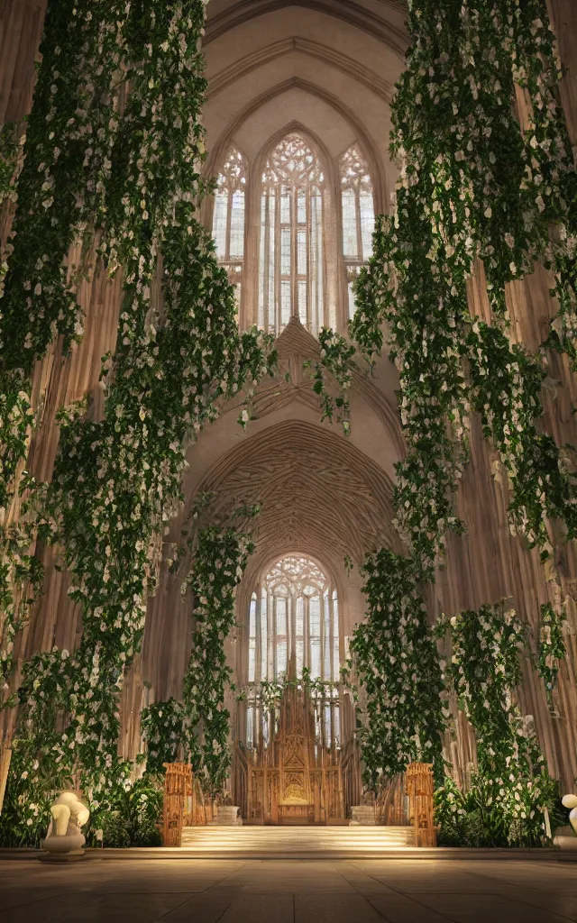 Image similar to beautiful grand cathedral interior with!! koi pond!! in the! middle! surrounded by palm trees, ivy,!! flowers!!, ( tropical plants ),!! roses!!, and with archways, rendered in octane render with photorealistic volumetric cinematic lighting, wide angle, horizontal symmetry, symmetrical! 8 k