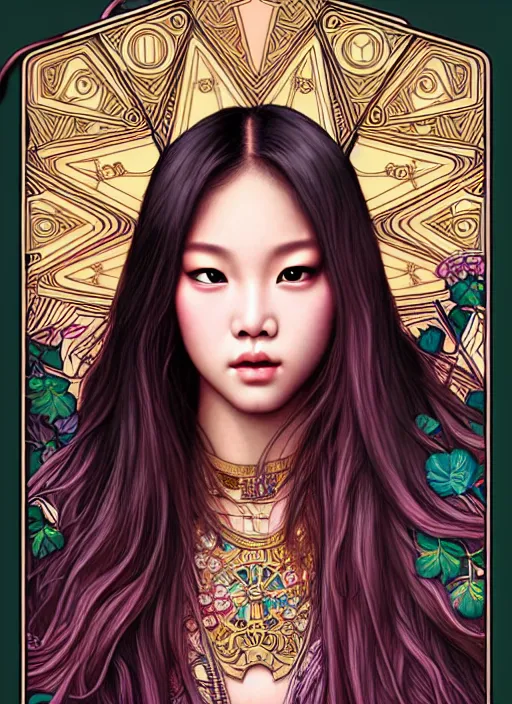 Image similar to jennie manoban of blackpink, tarot card, highly detailed, digital painting, smooth, sharp focus, illustration, ultra realistic, 8 k, art by artgerm and alphonse mucha