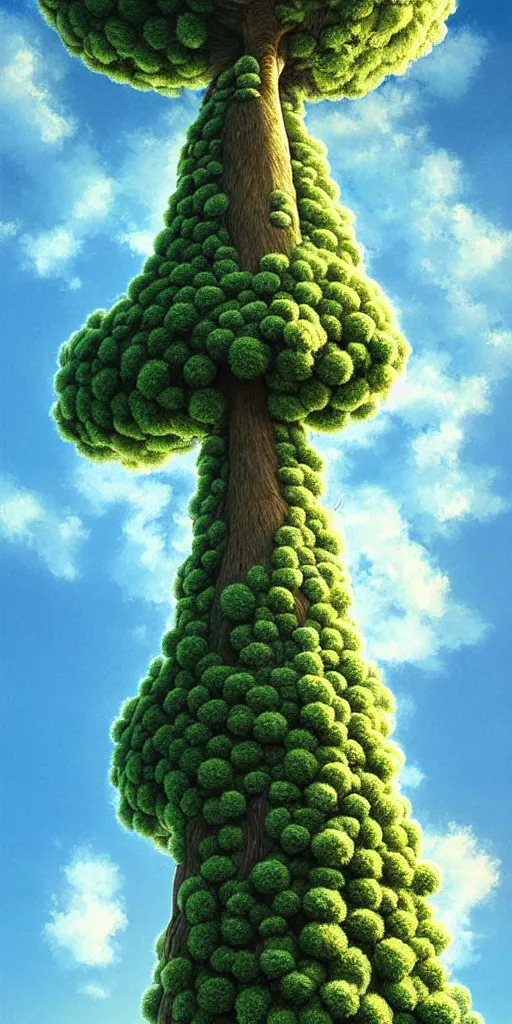 Image similar to an impossibly tall pompom tree with an extremely long trunk looming above the viewer, viewed from below, digital illustration by artgerm and rutkowski and kunstler, surreal, photorealistic