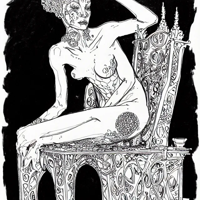 Image similar to salome full figure sitting on throne sketchbook ink drawing by james jean very detailed high contrast