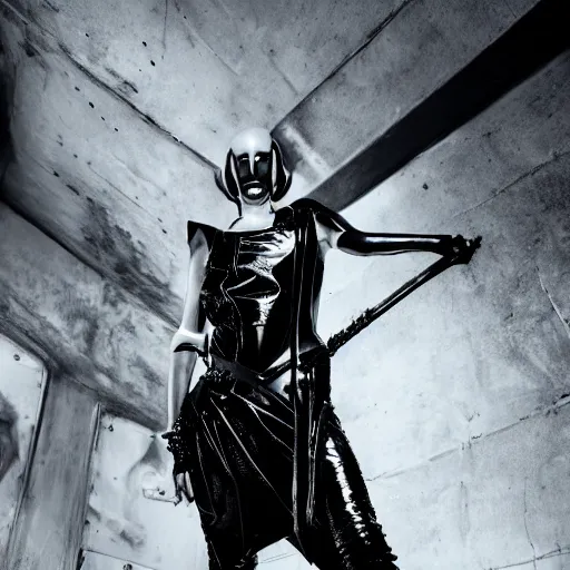 Image similar to fashion photography of an extraterrestrial model, holding a leather whip, wearing demobaza fashion, inside berghain, berlin fashion, harness, futuristic fashion, dark minimal outfit, photo 3 5 mm leica, hyperdetail, berghain, 8 k, very detailed, photo by nick knight