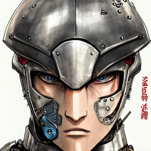 Image similar to An anime man with a scar across his face, wearing armor, drawn by Akihiko Yoshida, highly detailed, trending on art station, sci-fi themed, dynamic posing