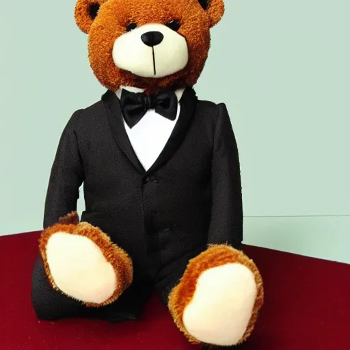 Image similar to a teddy bear in a tuxedo, highly realistic, highly detailed