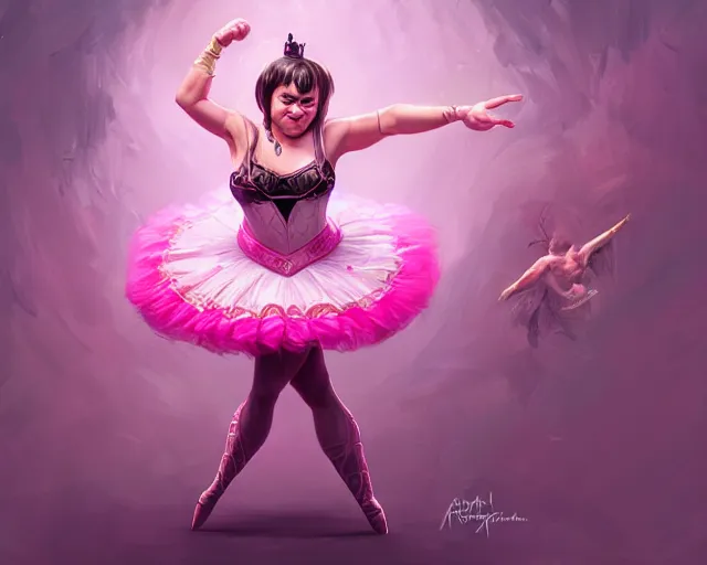 Prompt: photography of jack black dancing in a pink ballerina outfit, full body shot, deep focus, d & d and mtg, fantasy, intricate, elegant, highly detailed, digital painting, artstation, concept art, matte, sharp focus, illustration, hearthstone, art by ross tran