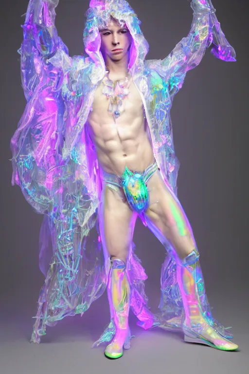 Image similar to full-body rococo and cyberpunk delicate neon crystalline sculpture of ((muscular albino prince Nick Jonas)) (((con la piroca dura))) as an iridescent humanoid deity wearing a thin see-through ((plastic hooded cloak)) sim roupa (holding a human skull), reclining con (((las piernas abiertas))), glowing pink face, crown of (white lasers), large diamonds, swirling black silk fabric. futuristic elements. oozing glowing liquid, full-length view. space robots. intricate artwork by caravaggio. Trending on artstation, octane render, cinematic lighting from the right, hyper realism, octane render, 8k, depth of field, 3D