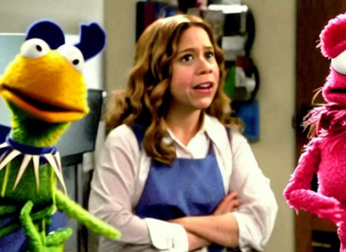 Prompt: film still of!!! muppet muppet!!!!! pam beesly as a muppet muppet muppet as a muppet as a muppet in the tv show the office