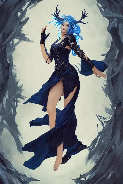 Prompt: fullbody!! dynamic action pose, beautiful woman with blue hair, big antlers on her head, long flowing black dress, dnd, face, fantasy, intricate, elegant, highly detailed, digital painting, artstation, concept art, smooth, sharp focus, illustration, art by artgerm and greg rutkowski and alphonse mucha