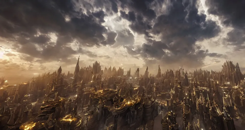 Image similar to majestic futuristic elf city made of white stone and decorated with gold, epic scale buildings, dramatic light clouds, cinematic sky, sunrise, 8 k, unreal engine 5