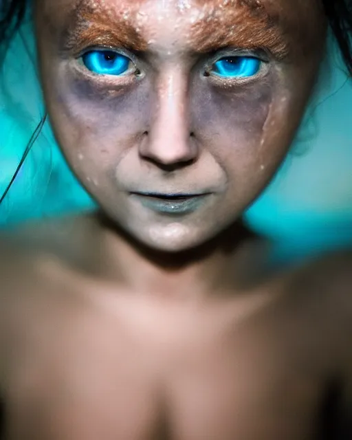 Image similar to detailed eyes, face of an underwater human descendant fishwoman, darkness, macro lens, very deep sea, mariana trench, teeth, dark, hd, dagon, fishpeople