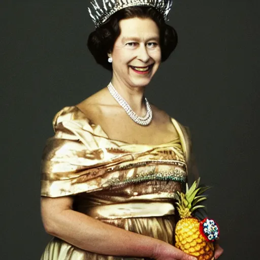 Image similar to the queen of england with a pineapple as a crown with jewels