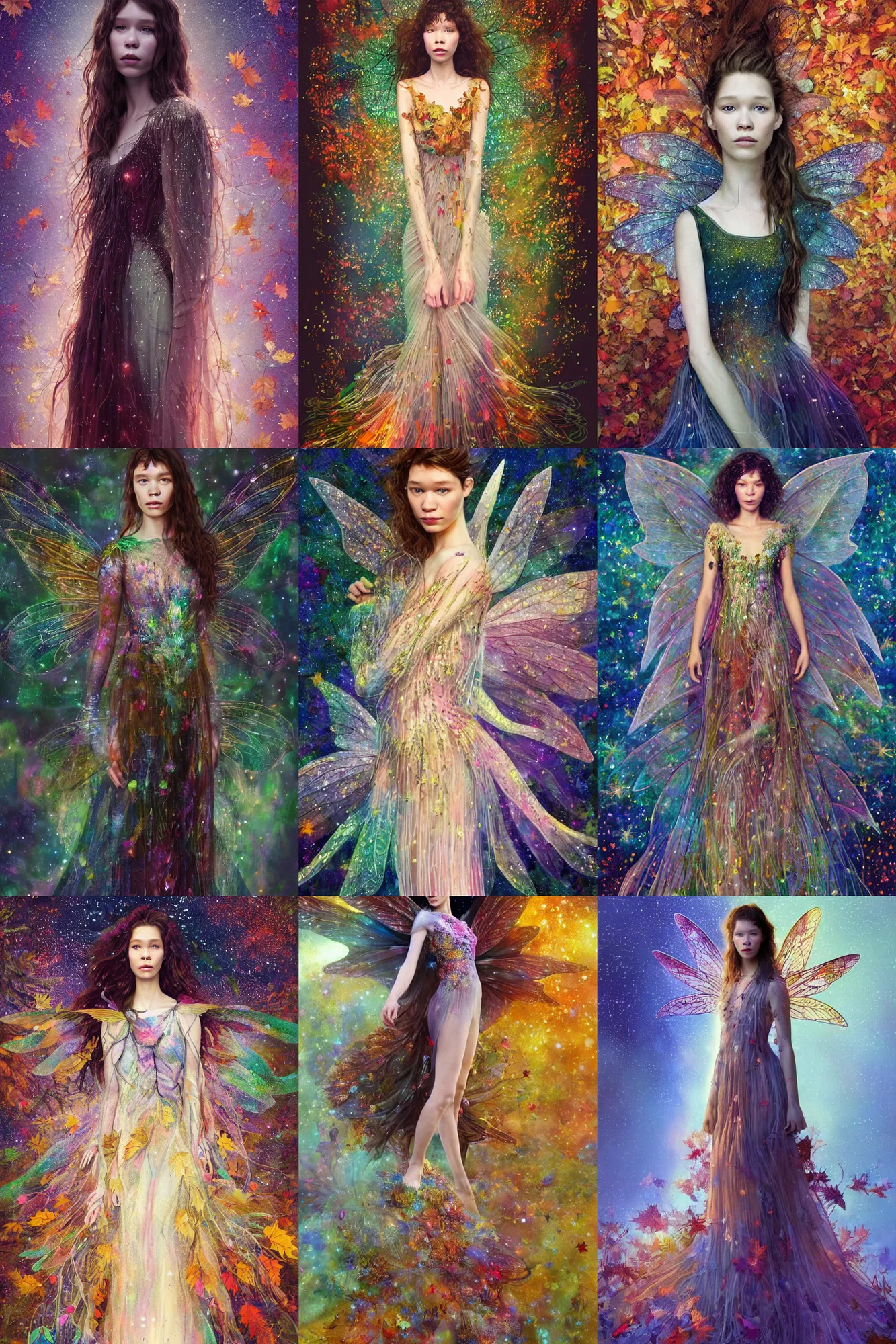 Prompt: masterwork full body portrait of astrid berges frisbey as a fairy. digital illustration. wearing a dress made out of stars. resting on a background of autumn leaves. fluid, dreamy, ethereal, vivid colours. sharp focus. highly detailed face. wow! cinematic lighting. trending on artstation. cgsociety. by moebius
