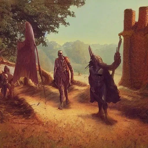 Image similar to group of 4 new adventurers, at a farm, morning, fantasy, d & d, wayne barlowe