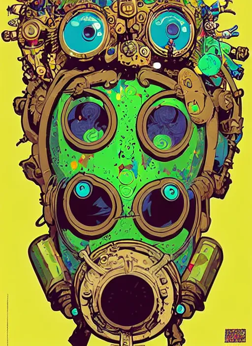 Image similar to biopunk majoras mask link from zelda!! portrait illustration, pop art, splash painting, art by geof darrow, ashley wood, alphonse mucha, makoto shinkai