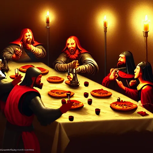 Image similar to medieval feast with drinking, artstation, fantasy