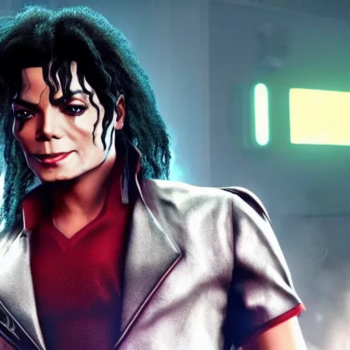 Prompt: Michael Jackson in Cyberpunk 2077, videogame still shot