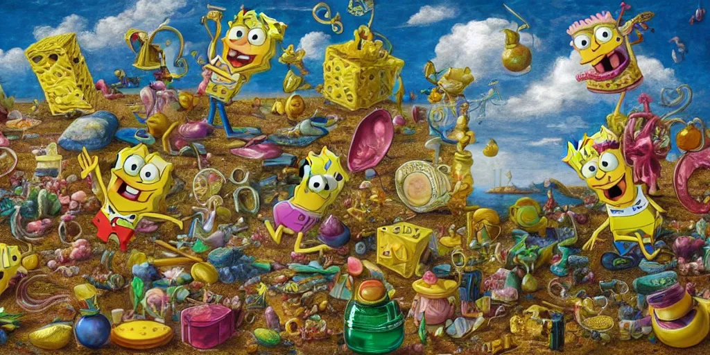 Image similar to SpongeBob, tilt shift, prismatic, italian masterpieces, painted marble sculptures, baroque, beautiful, gracious, pagans, marble, clouds, sun, fruits, bioluminescent skin, ultra detailed