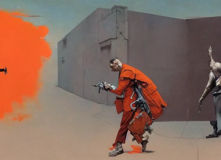 Image similar to a still from the movie enemy at the gates by francis bacon and norman rockwell and james jean, and mark brooks, triadic color scheme, by greg rutkowski, syd mead and edward hopper and norman rockwell and beksinski, dark surrealism, orange and turquoise