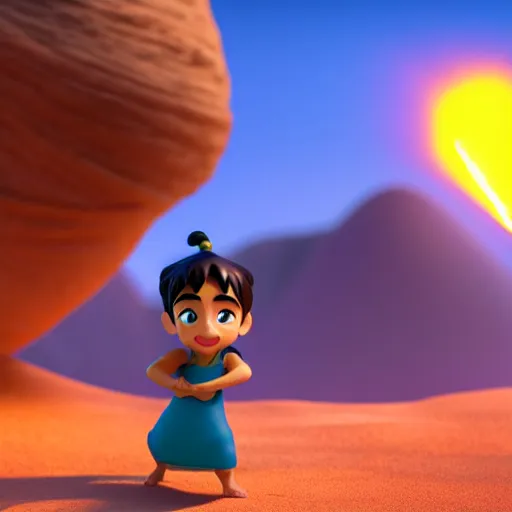 Prompt: aladdin's genius of the lamp as nendoroid walking in a desert in the croods movie style, anime, disney, pixar, 8 k, hd, dof, kodak film, volumetric lighting, subsurface scattering, photorealistic, octane render, details