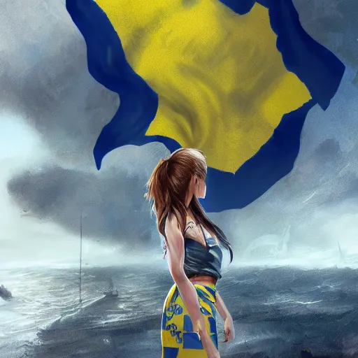 Prompt: ukrainian girl with ukrainian flag near big ruined warship, trying to survive, everywhere, concept art, trending on artstation, highly detailed, intricate, sharp focus, digital art, 8 k