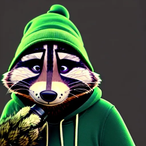 Image similar to a very relaxed stoner with a black hoodie on with a marijuana themed dark green raccoon head from zootopia, wearing beanie, holding a vape, 3 d render, extremely detailed fur, wearing a marijuana t - shirt