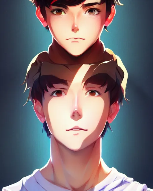 Image similar to teen boy with short chopped brown hair, bangs, unibrow bushy eyebrows, grin, portrait shinkai makoto studio ghibli studio key hideaki anno sakimichan stanley artgerm lau rossdraws james jean marc simonetti elegant highly detailed digital painting artstation pixiv