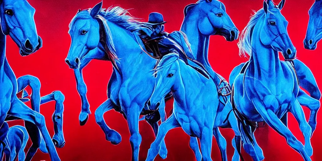 Image similar to blue inside out horses galloping with cowboys riding, too many hands in all directions, too many teeth, too many eyes, in hoc signo vinces, waterfall, in the style of gottfried helnwein, high contrast chiaroscuro, intricate composition, blue light, insanely quality, highly detailed, masterpiece, red light, artstation