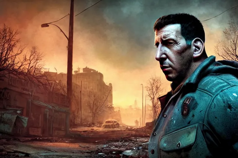 Image similar to fallout 5, adam sandler closeup, portrait, outdoors european cityscape, atmospheric lighting, painted, intricate, volumetric lighting, beautiful, daytime, winter, clear weather, mutated wildlife, sharp focus, deep colours, ultra detailed, art by william turner