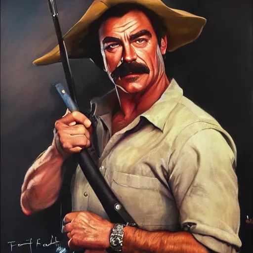 Image similar to ultra realistic portrait painting of tom selleck as dutch van der linde, art by frank frazetta, 4 k, ultra realistic, highly detailed, epic lighting