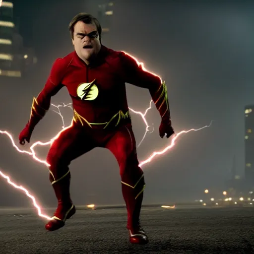 Prompt: film still of jack black playing the flash by zach snyder, epic lighting storm speed force